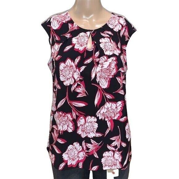 Kasper Womens Blouse Top Floral Capped Sleeve Pleated Keyhole Pullover Small - Picture 1 of 11